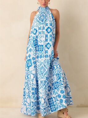 Prosperina - Rebecca Blue & White Halter Maxi Dress